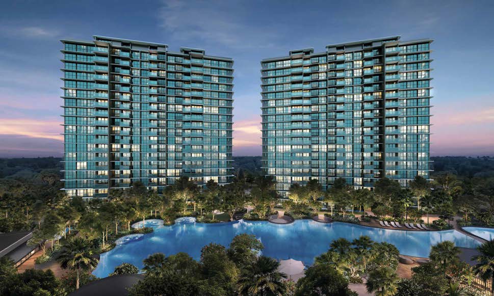 Chuan Park towers and Oasis Pool at dusk